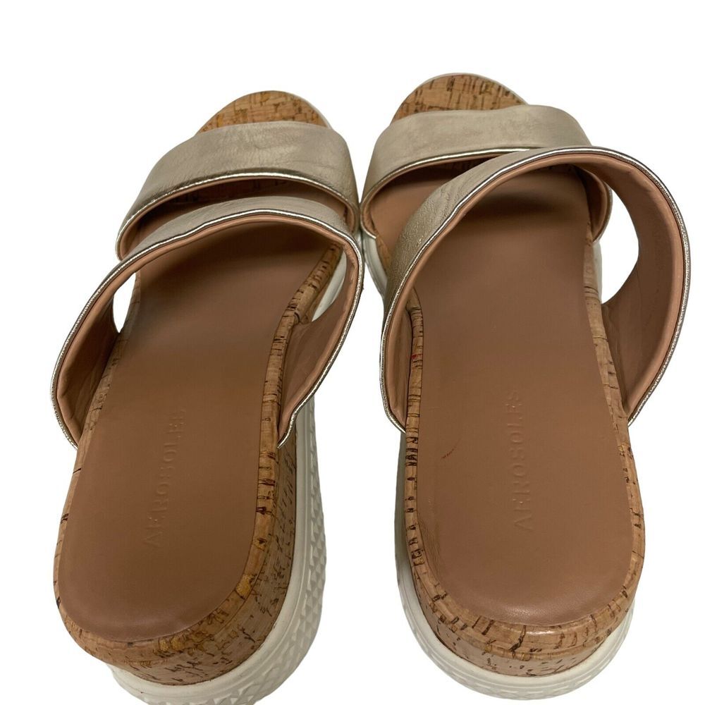Aerosoles Zeff Womens Gold‎ Strappy Chunky Slides Leather Wedge Cork Size 10M - Picture 11 of 15